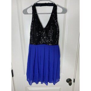 NWT B Darlin Sz 9/10 Sequined Semiformal Halter Dress Blue Black Homecoming